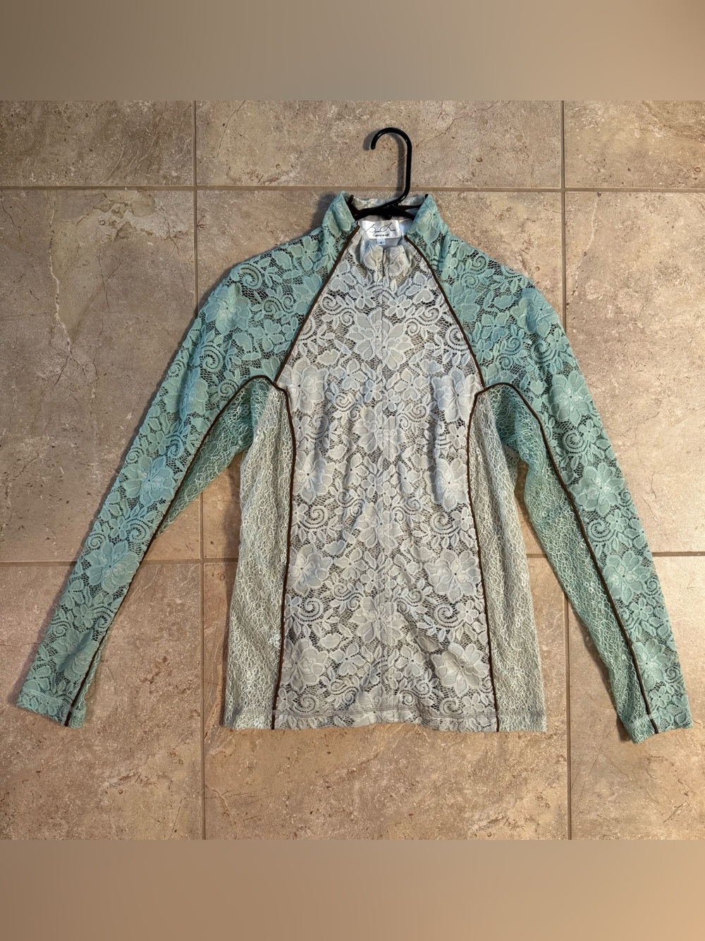 Byron Lars Beauty Mark Mint Ivory Colorblock Lace Quarter Zip Brown Trim Size 8